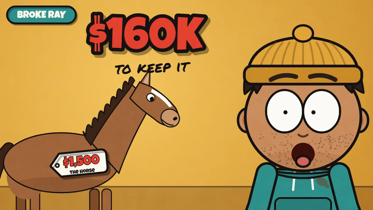 Ray, shocked, next to a horse with a $1,500 price tag and the words $160K to keep it
