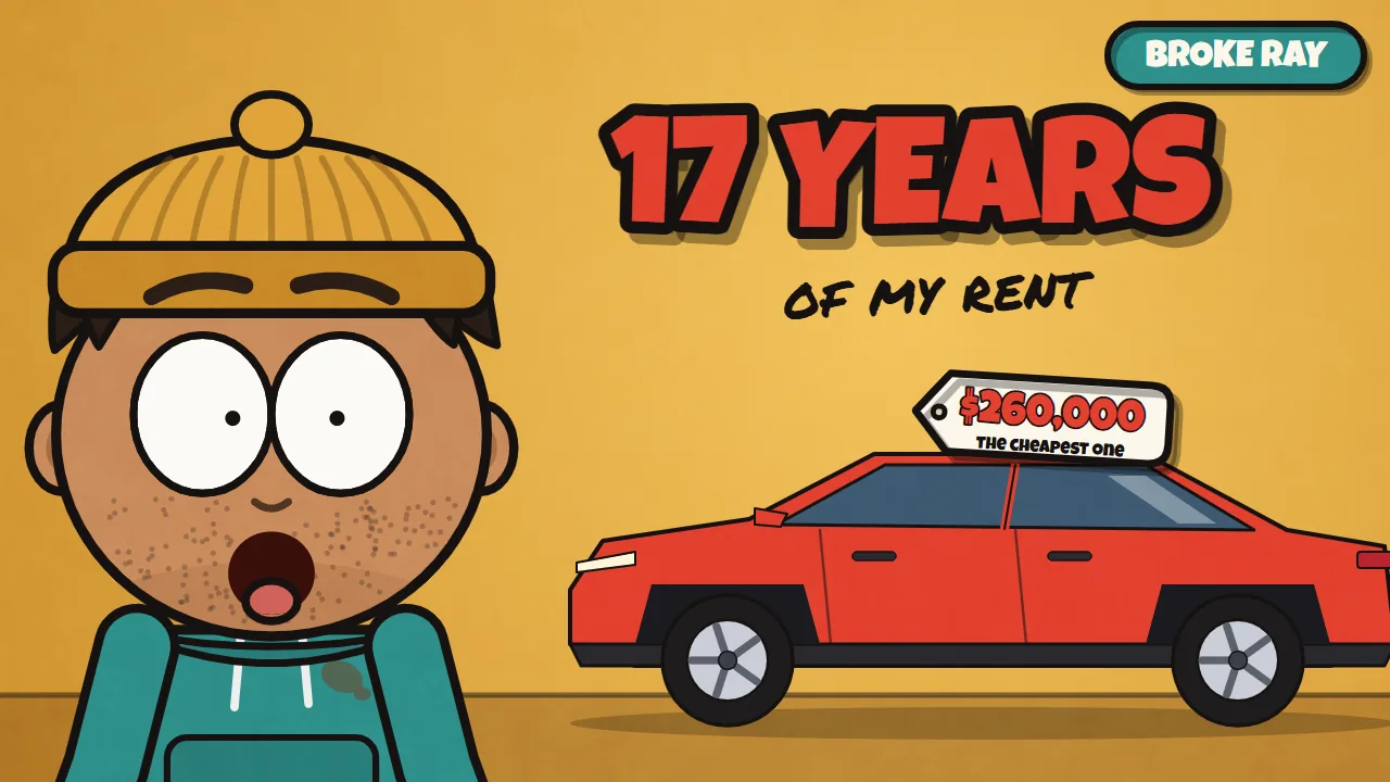 Ray, shocked, next to a red car with a $260,000 'the cheapest one' price tag and the words 17 years of my rent